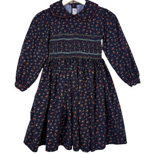 VTG Growing Up Lord & Taylor Smocked Floral Dress 6X Navy Red Cotton Long Sleeve